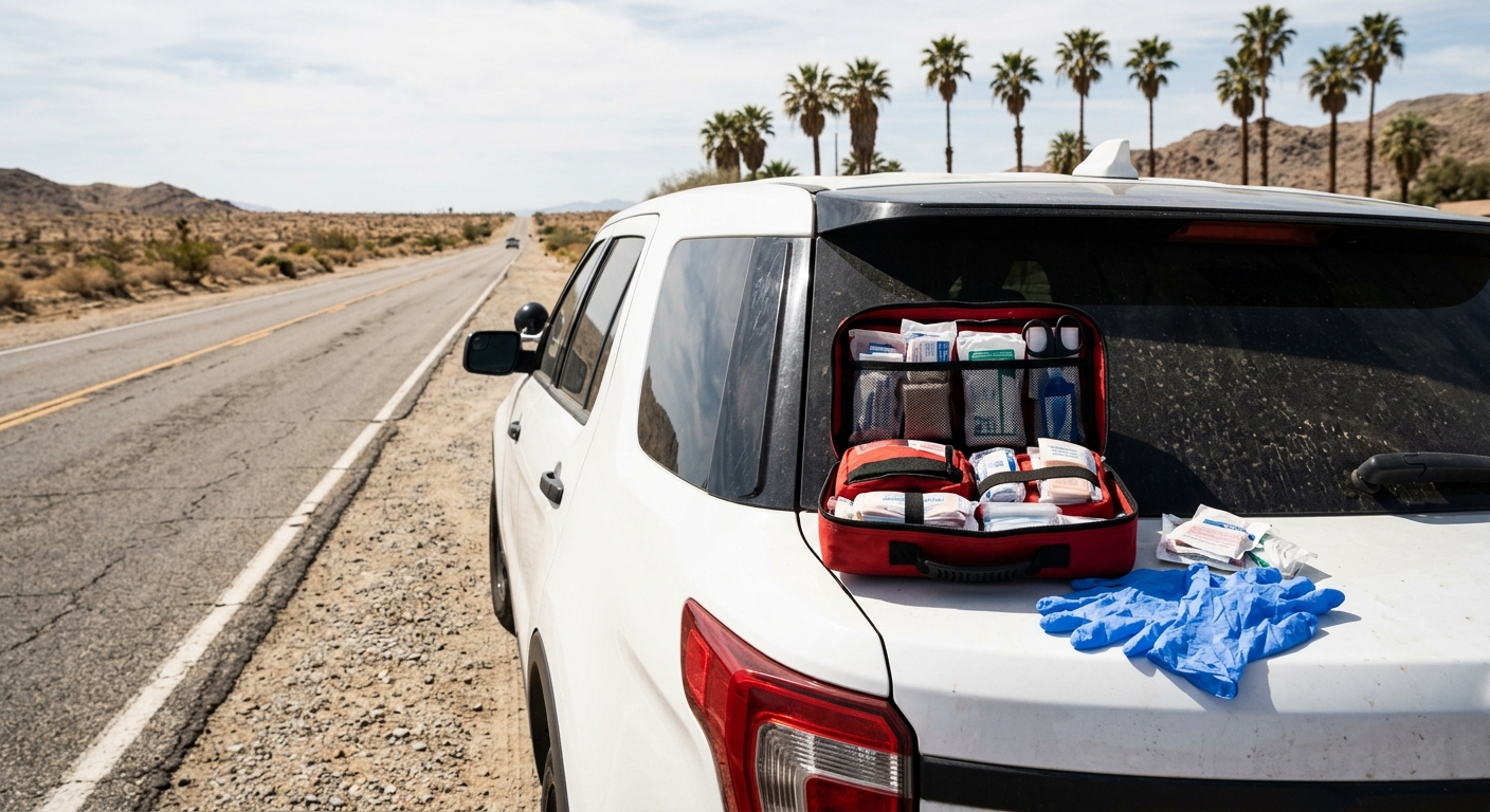 an open medical response kit and sterile blue gloves resting on the trunk of a white law enforcement vehicle, parked along a sun-bleached desert highway with di