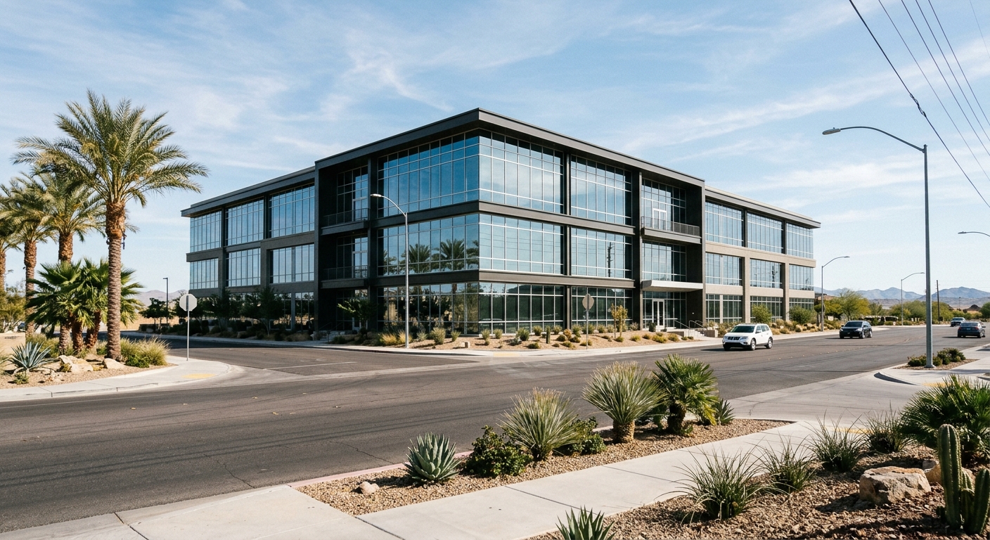 a newly constructed, massive three-story modern commercial building with large glass windows and desert landscaping, featuring palm trees and arid shrubs along