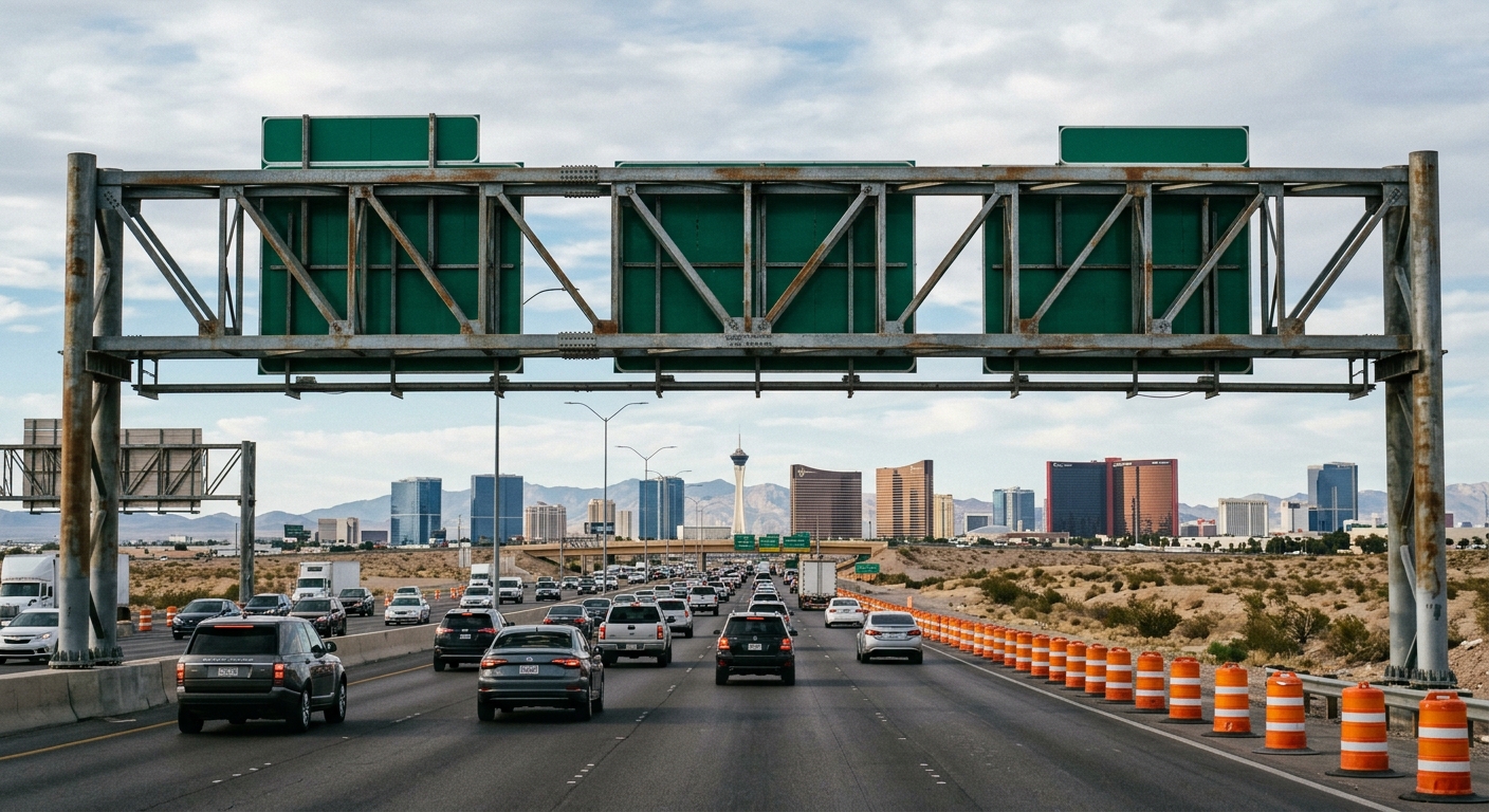 a steel overhead highway gantry supporting large weathered green sign panels viewed from the back, spanning a busy multi-lane freeway with desert landscaping an