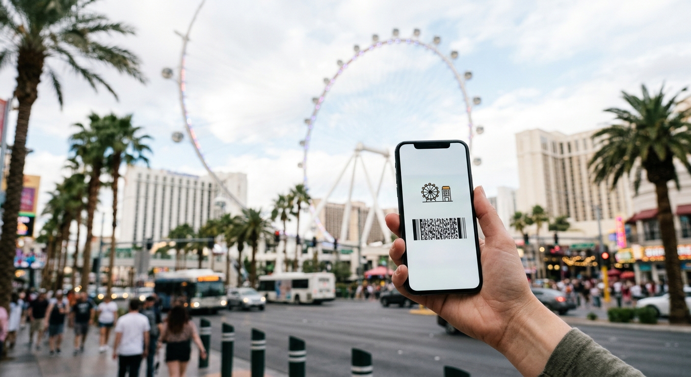 a hand holding a smartphone displaying a minimalist digital ticket layout with a barcode on the screen, set against a blurred background of a massive observatio