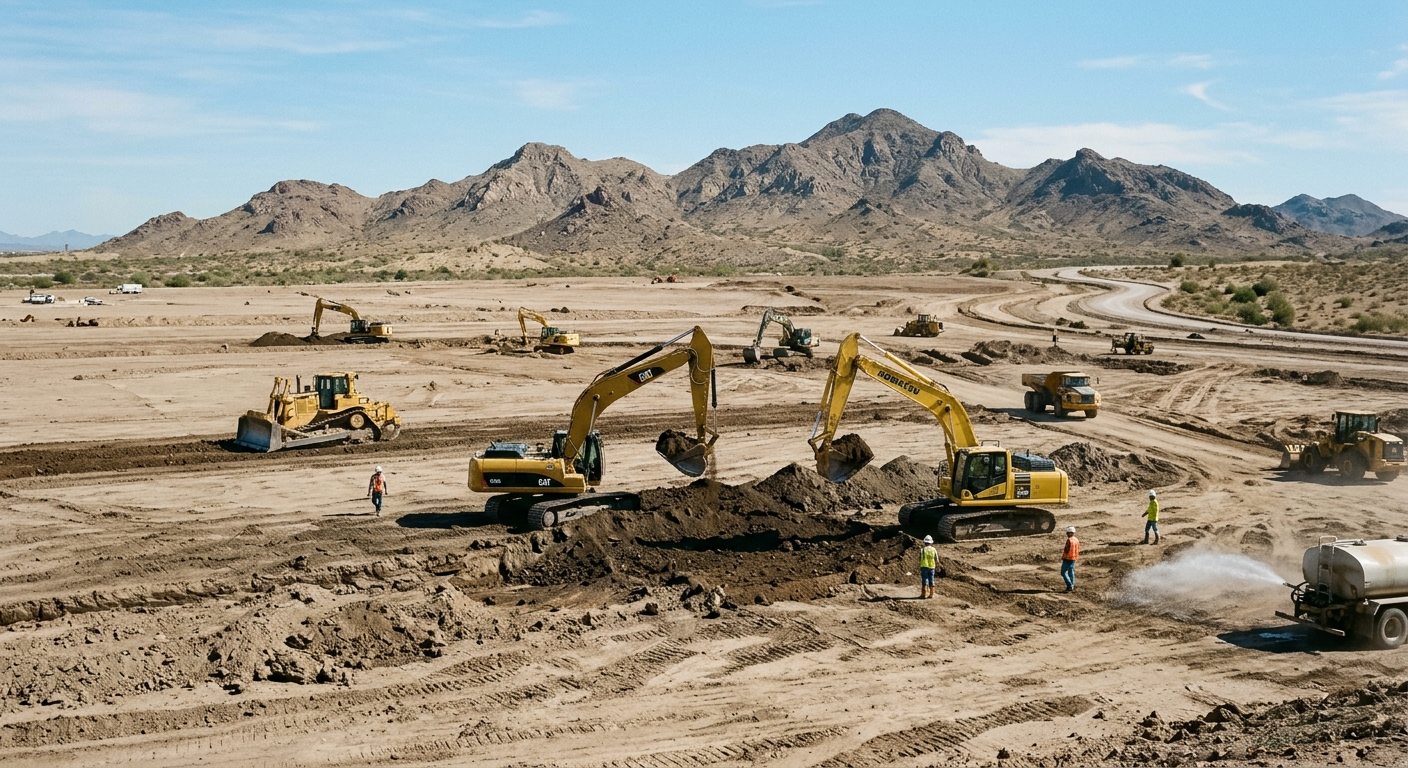 a large dirt construction site being prepared for a major medical facility, with yellow excavators and earth-moving equipment moving soil on a flat lot, set aga