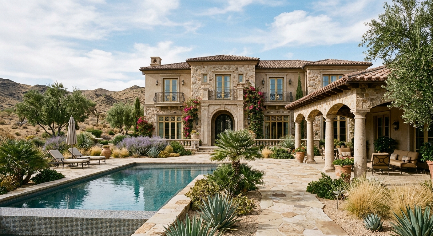 the exterior of a luxurious two-story estate featuring vintage European architectural influences and gilded details, complete with a private swimming pool, a co