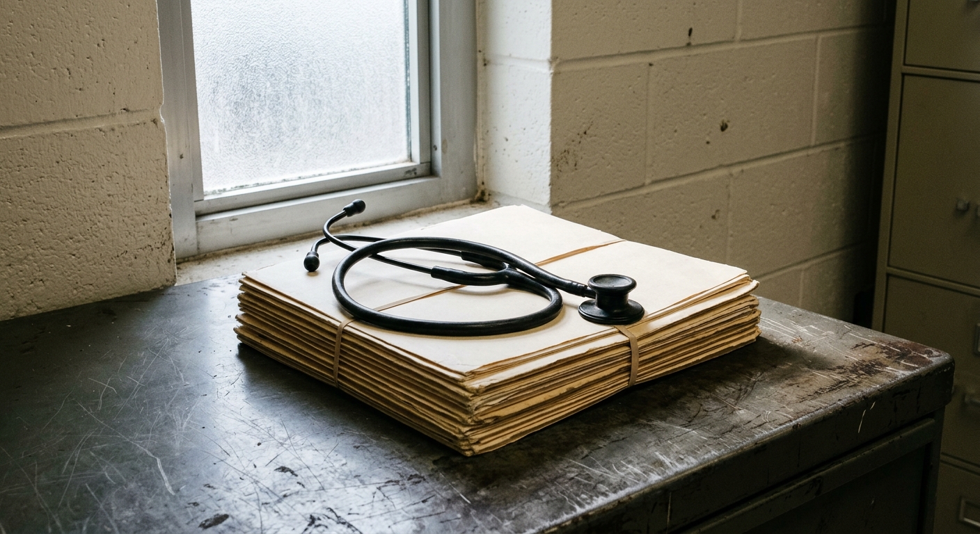 a standard black stethoscope resting on top of a thick stack of blank manila legal folders on a scratched metal desk inside a stark institutional room with pale