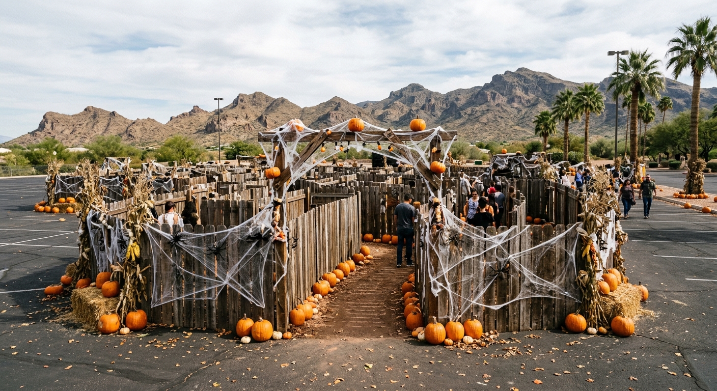 a pop-up Halloween maze attraction in a paved outdoor lot, featuring rustic wooden fences, scattered orange pumpkins, and fake cobwebs, with tall palm trees and