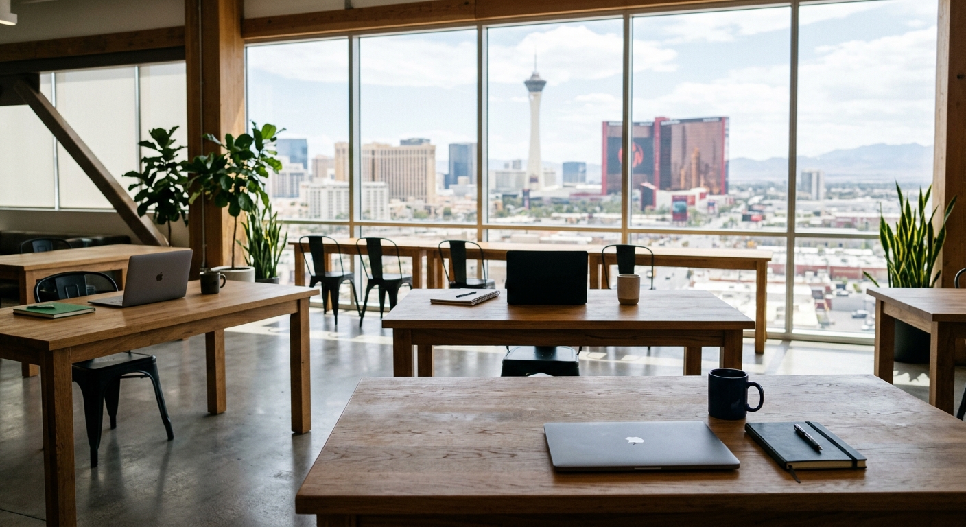 a modern co-working space featuring empty wooden desks scattered with closed laptops, notebooks, and ceramic coffee cups, with a large window in the background