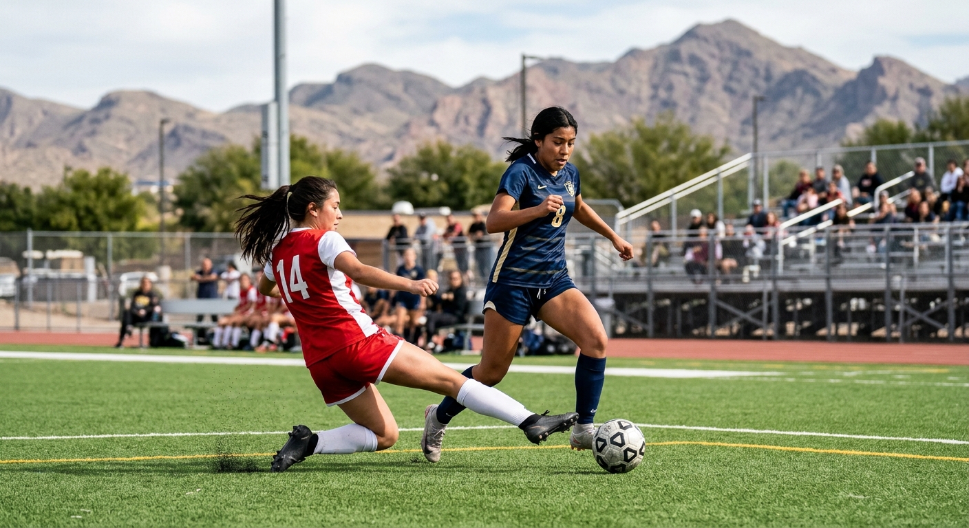 two high school female soccer players engaged in a competitive match on a bright green turf field, one player aggressively dribbling a soccer ball while the oth