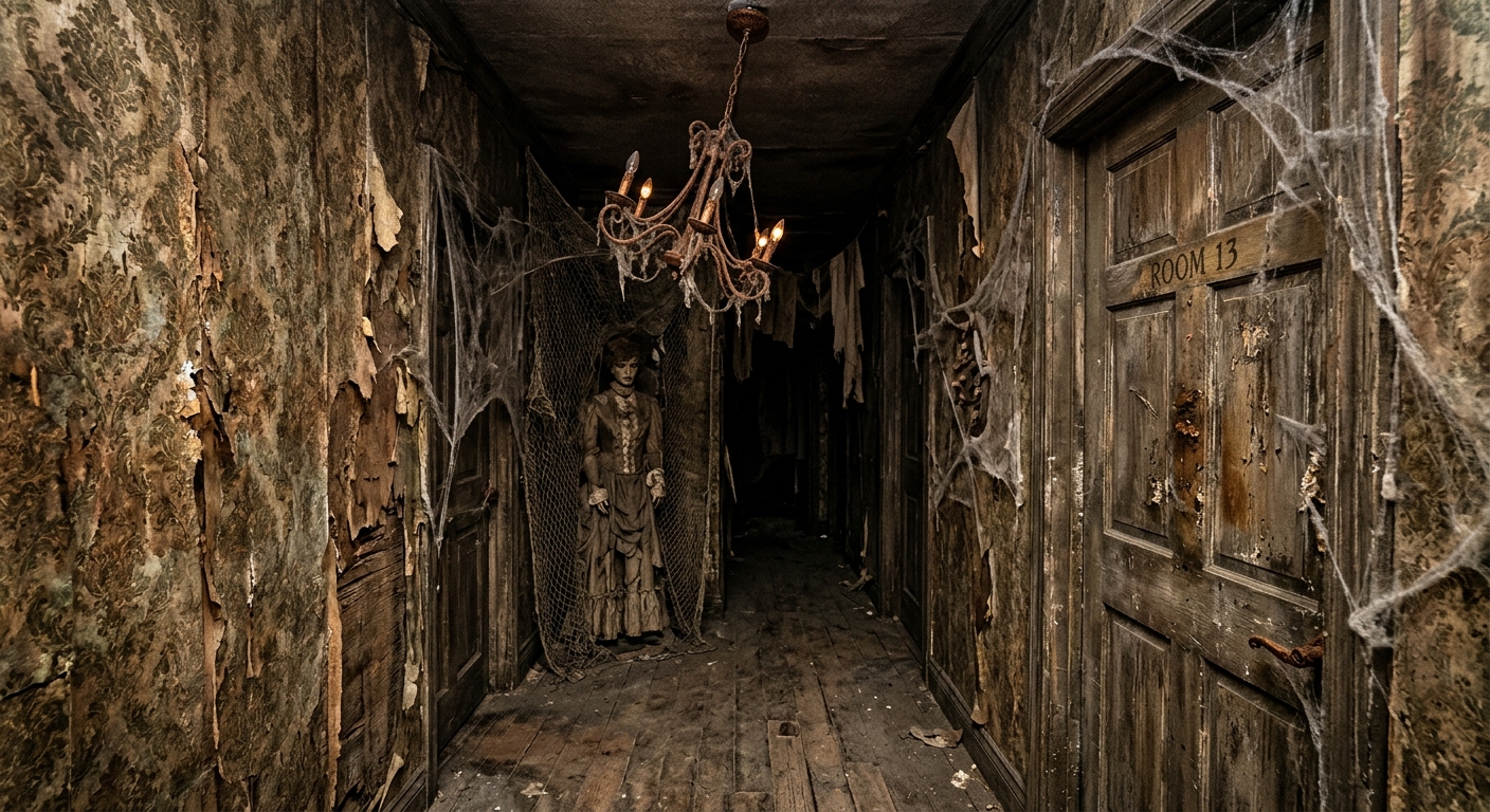 a dusty, dimly lit corridor inside a haunted house attraction in Nevada, featuring peeling vintage wallpaper, a tilted chandelier, and practical scare props lik