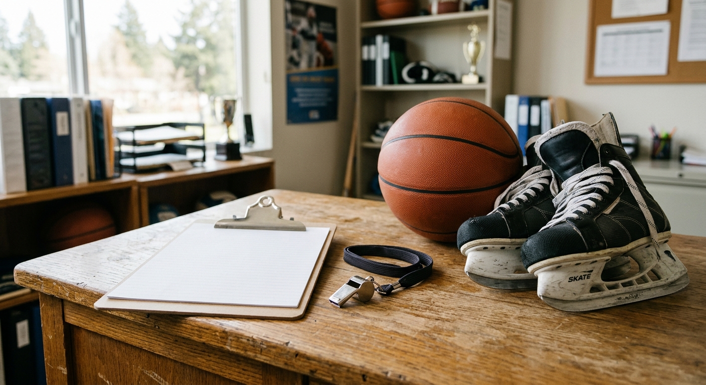 a clipboard with blank paper, a metal referee whistle, a pair of ice skates, and a basketball resting on a wooden desk inside a sunlit community sports recreati