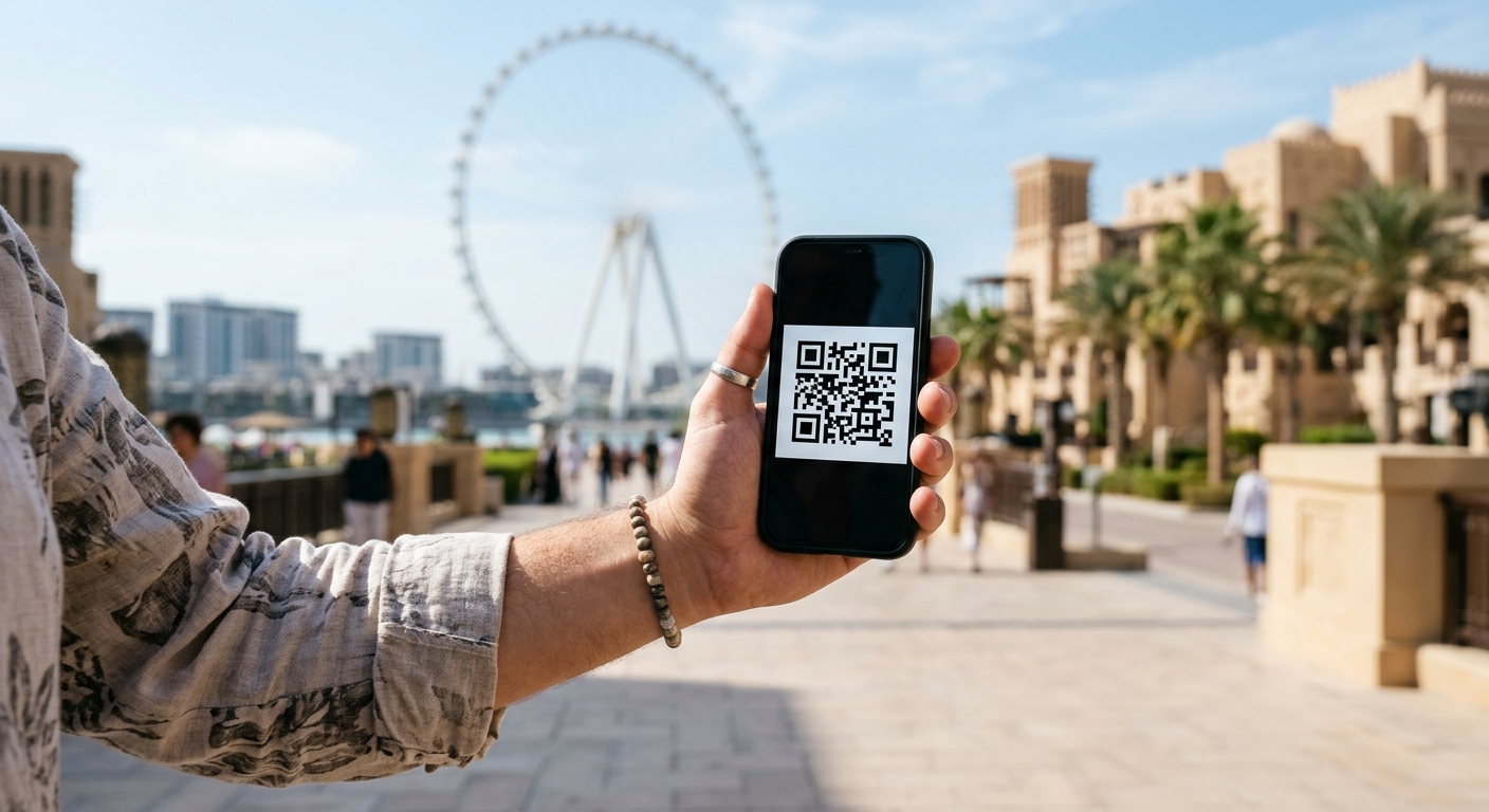 a tourist's hand holding a smartphone displaying a generic QR code, standing outside on a sunny day with a giant observation wheel and desert resort architectur
