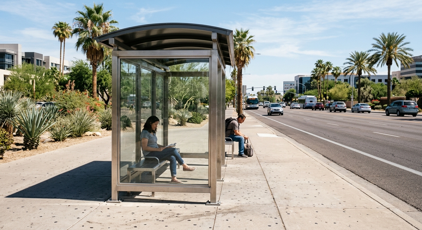 a modern metal and glass bus shelter with seating on both sides, situated on a sun-drenched sidewalk next to a wide desert city street, casting a dark cooling s
